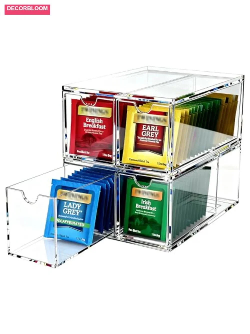 4 Pack Clear Tea Bag Organizer Stackable Storage Drawers Kitchen Pantry